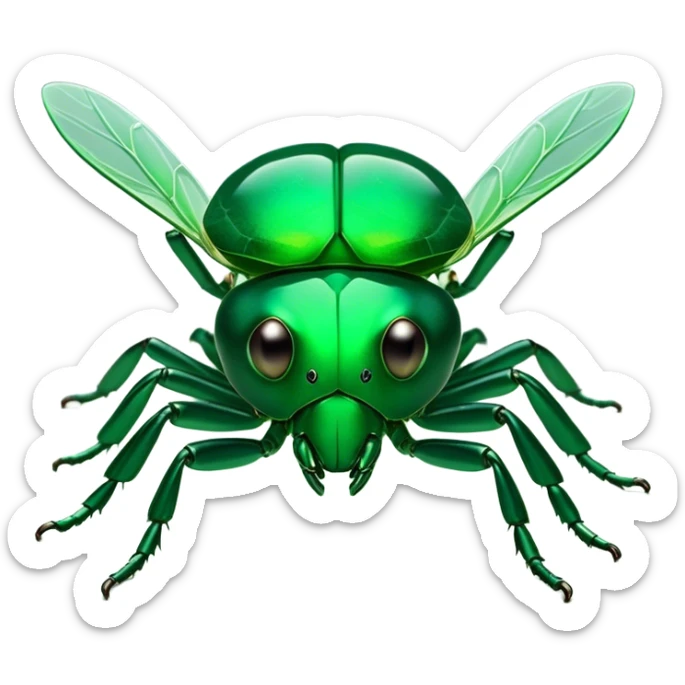Cinematic Noble Green Bugdie Portrait Emoji, Poised and regal, with a tiny, delicate build and a vibrant, well-detailed emerald exoskeleton, deep-set soulful multifaceted eyes, Simplified yet sharp and sophisticated features, highly detailed, glowing with a soft, dignified glow, high shine, intelligent and alert, stylized with an air of miniature majesty, focused and attentive, soft glowing outline, capturing the essence of a watchful and confident insect, so majestic it feels as though it could scuttle out of the screen with effortless authority! sticker