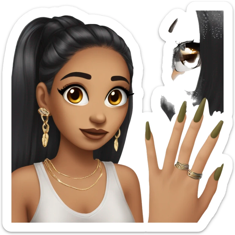 Glamorous, streetwear, black hair, long straight hair, olive skin, brown almond eyes, winged eyeliner with big lashes, wearing hooped earrings, rings and bracelets, almond fake nails sticker