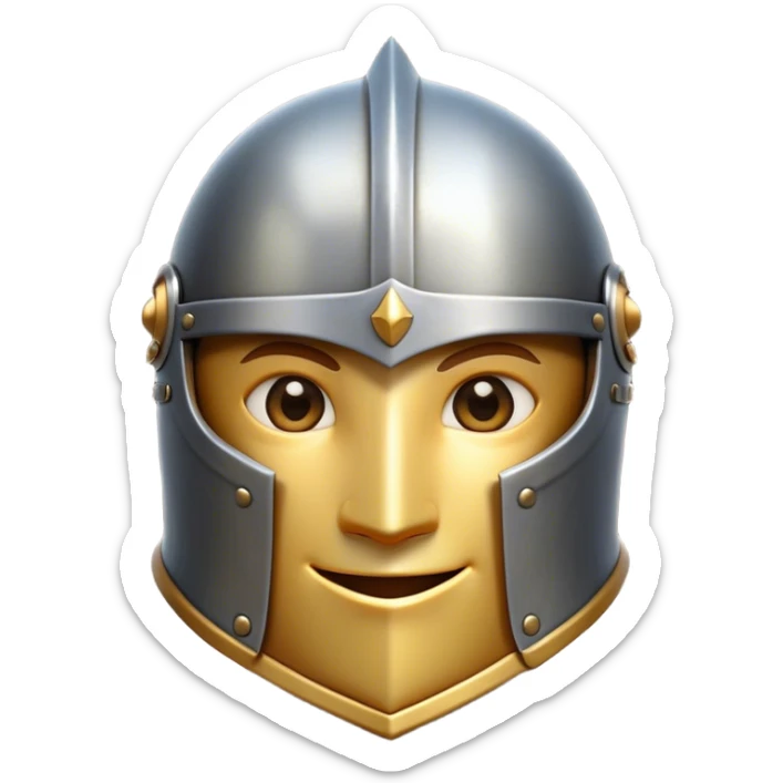 Clash of Clans aesthetic Playful Knight Portrait Emoji, Head tilted with a subtle, cheeky smile peeking from beneath an open helm, showcasing a compact, stylized armored build with bright, expressive eyes in natural skin tone, Simplified yet irresistibly charming features, highly detailed, glowing with a warm, inviting metallic glow, high shine, spirited and approachable, stylized with an air of whimsical chivalry, soft glowing outline, capturing the essence of a playful knight exuding friendly valor! sticker