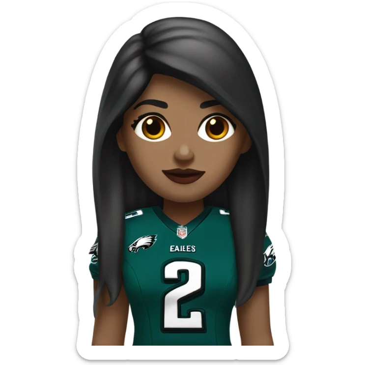 White female long dark hair red lips wearing Philadelphia Eagles jersey sticker