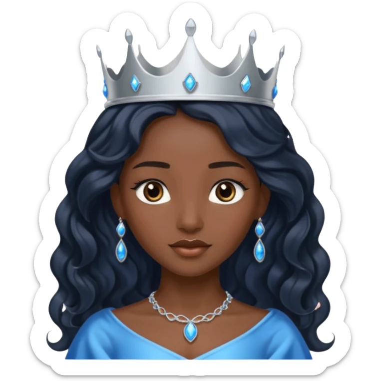 Por favor hazme el emoji de la princesa pero morena con el pelo negro y ondulado y largo, los ojos marrones y la corona plateada con jollas azules sticker
