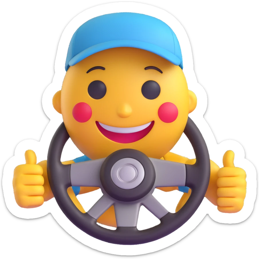 3D smiley emoji, round shape, bus driver: wearing cap, holding steering wheel, funny face sticker