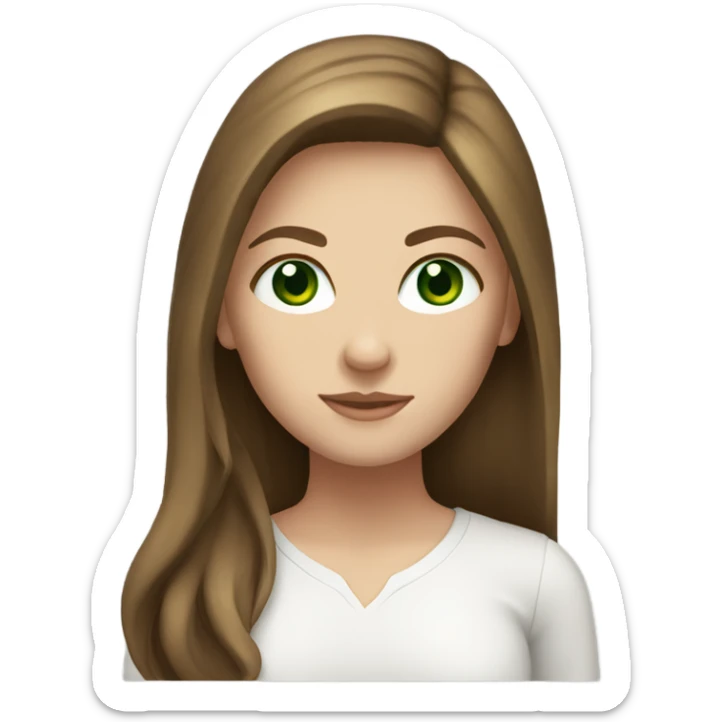 white girl. long brown hair. dark green eyes. white shirt. sticker