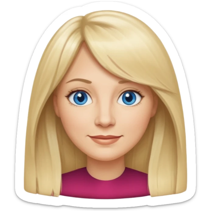 40 yr old white woman, curtain bangs, long straight blond hair, oval face, small smile, blue eyes sticker