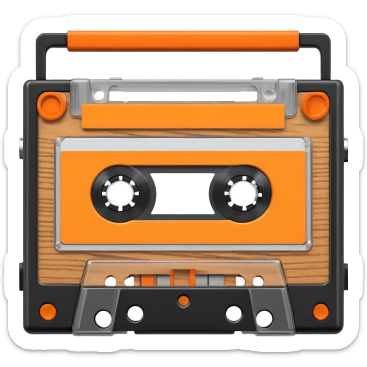 3D render of Cassette Tape, vintage 1980s audio equipment aesthetic, tactile analog buttons, transparent clear plastic with orange ribbon reels inside, mixed wood grain and brushed aluminum textures, Apple emoji style, isolated on white background --v 6.0 sticker