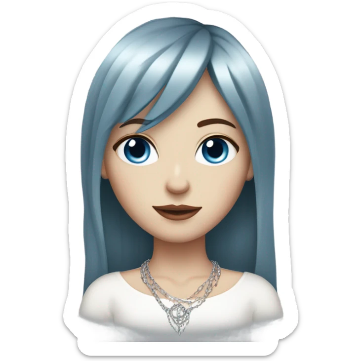 woman with pale skin, blue eyes and long dark red hair with layers and fringe bangs, wearing a white top and silver jewellery sticker