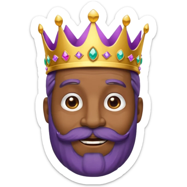 Create a cartoon-style emoji of Baltasar, one of the Three Wise Men. Only show his face and crown. He is older, with dark skin and a full black beard, joyful wrinkles, and a purple and gold jeweled crown. Express warmth, wisdom, and friendliness. Colorful and simple, suitable as an emoji. sticker