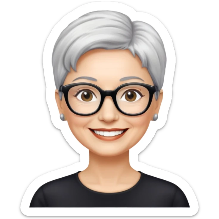 Nữ 60 tuổi, da trắng, tóc ngắn màu bạc, đeo kính màu đen, mặt cười tươi sticker