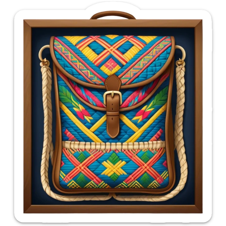 Cinematic Realistic image of a traditional Colombian mochila, rendered with detailed woven textures and vibrant patterns, set against a rustic backdrop with soft, cultural lighting sticker