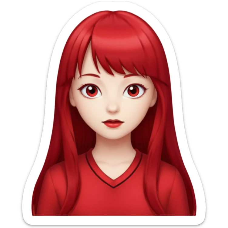 beautiful girl with red velvet long hair and straight bangs, red eyes and red clothes sticker