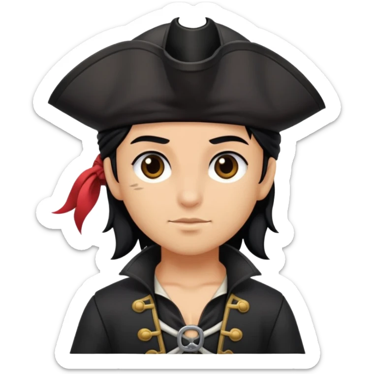 Cute adult pirate in all black clothes and with black hair and with brown eyes  sticker