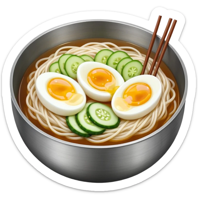 Korean cold noodles (naengmyeon) in a metal bowl, with thin noodles, cold broth, cucumber, and a half boiled egg on top, iPhone emoji style sticker