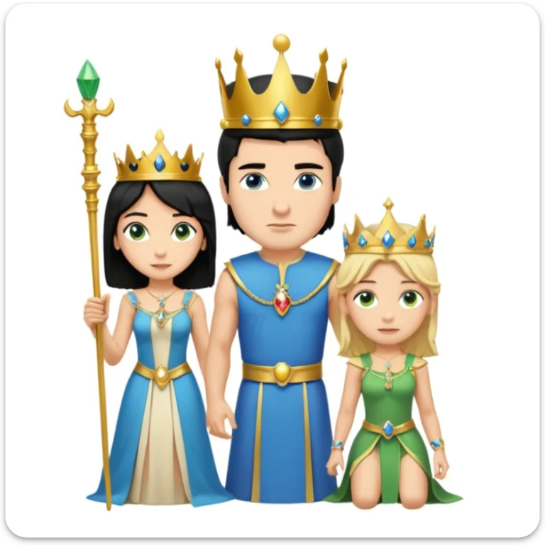 Man as king, standing, black Hair, blue eyes, female Servoamt, blonde, green eyes, shott white sleveless Dress, kneeling, background palace sticker