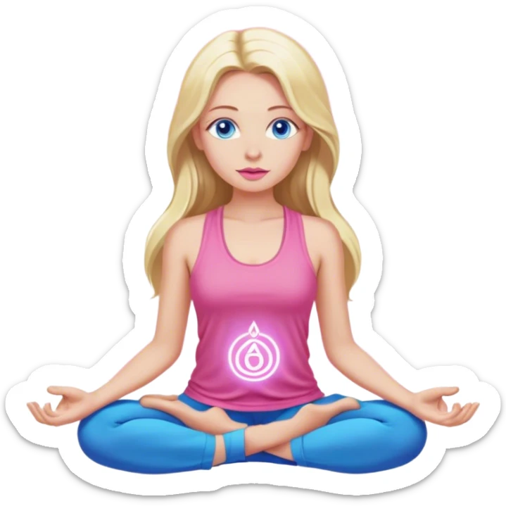 Cinematic realistic blonde with long hair, Cinematic realistic blonde with long hair, blue eyes and pink lips, wearing a pink tank top, meditates, her chakras glow sticker
