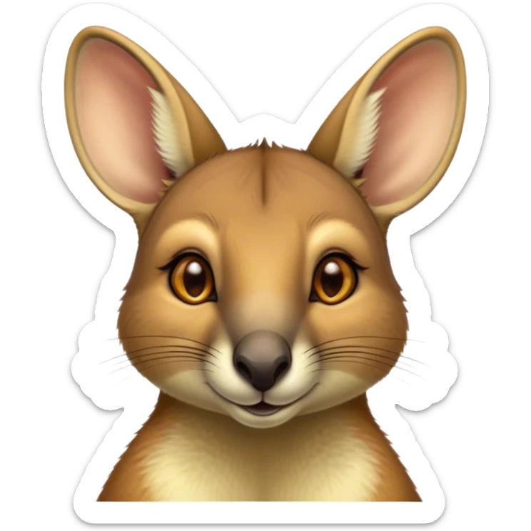 Cinematic Noble Wallaby Portrait Emoji, Poised and regal, with a compact, agile build and a soft, well-groomed fur of warm tan and light brown hues, deep-set soulful amber eyes and perky ears, Simplified yet sharp and sophisticated features, highly detailed, glowing with a soft, dignified glow, high shine, intelligent and spry, stylized with an air of bushland elegance, focused and attentive, soft glowing outline, capturing the essence of a watchful and confident marsupial, so majestic it feels as though it could hop out of the screen with effortless authority! sticker