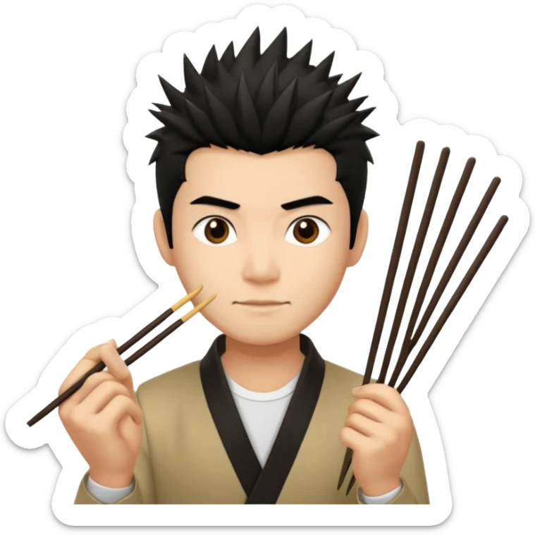 Make it a vietnamese male with spiky black hair hold a pair of chopsticks sticker