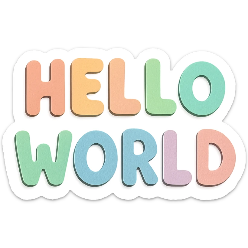 "Hello World" soft pastel rainbow cute bold letters, hand-drawn rounded font, no outline, transparent background sticker