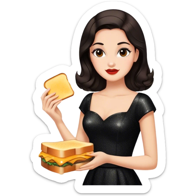 Beautiful woman in 1950’s woman fashion look, black shimmery dress, long dark brown hair, grilled cheese sandwiche sticker
