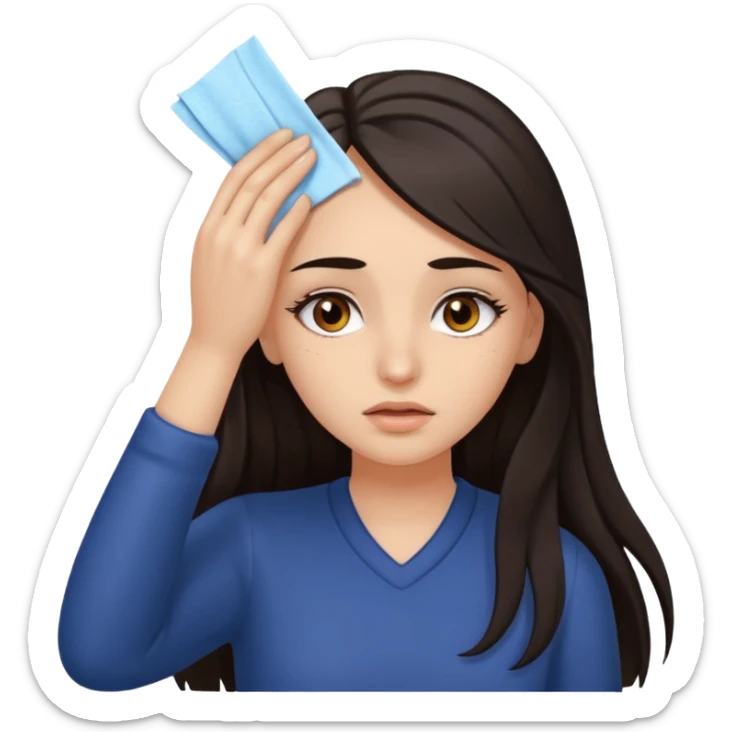 Girl with brown eyes and bold eyelashes and long dark hair wiping her forehead in relief sticker