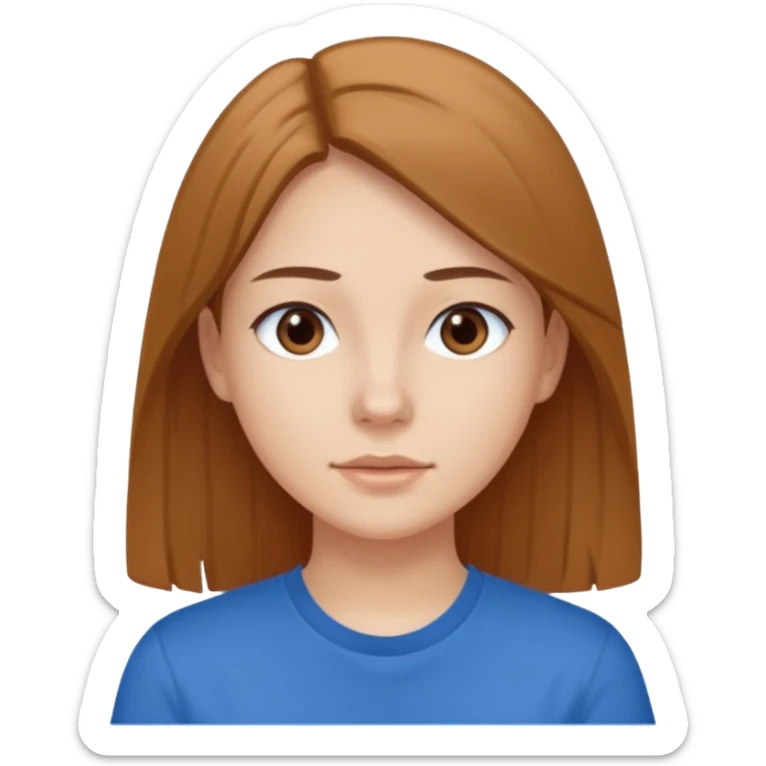 young brawn-eyed woman with straight hair with a blue t-shirt with  sticker