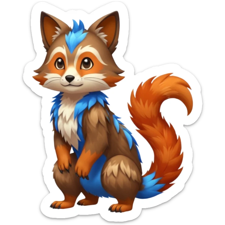 Colorful brown with blue and orange tropical exotic shiny beautiful fantasy-Cacomistle-oncilla-animal-Fakémon-hybrid-fursona (full body) sticker