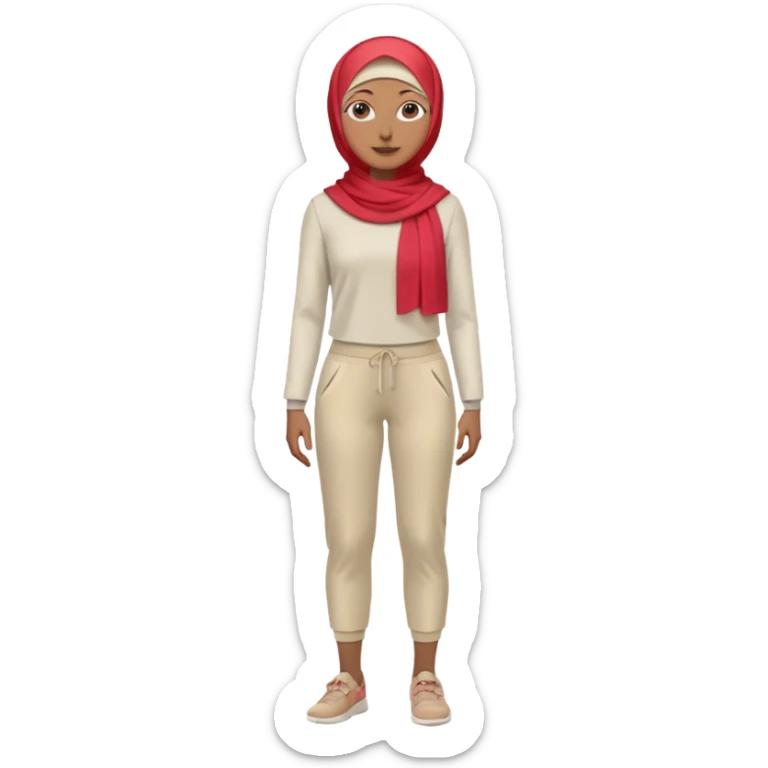 woman with medium-brown skin wearing a light red hijab, cream top, light red pants, tan shoes, and a visible gray below-knee hook-shaped prosthetic leg. Standing confidently with one hand on her hip sticker