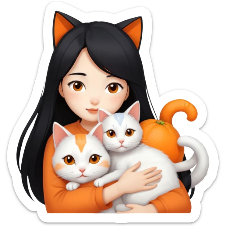 East Asian girl with long flowing black hair hugging a predominantly white cat with orange patches, sweet and gentle, cute facial expressions sticker
