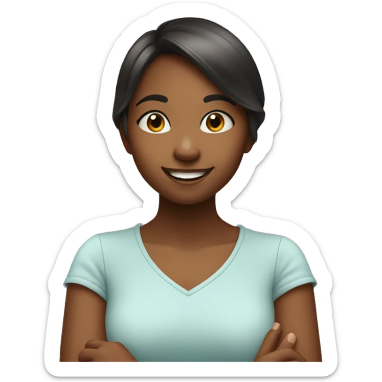 A young girl posing with her hands under her chin in a cheerful manner, with a friendly smile sticker