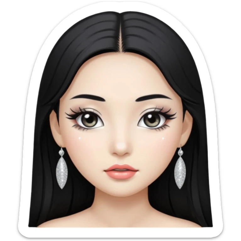 asian long black hair silver grey eyes glossy lips glittery white eyeshadow girl sticker