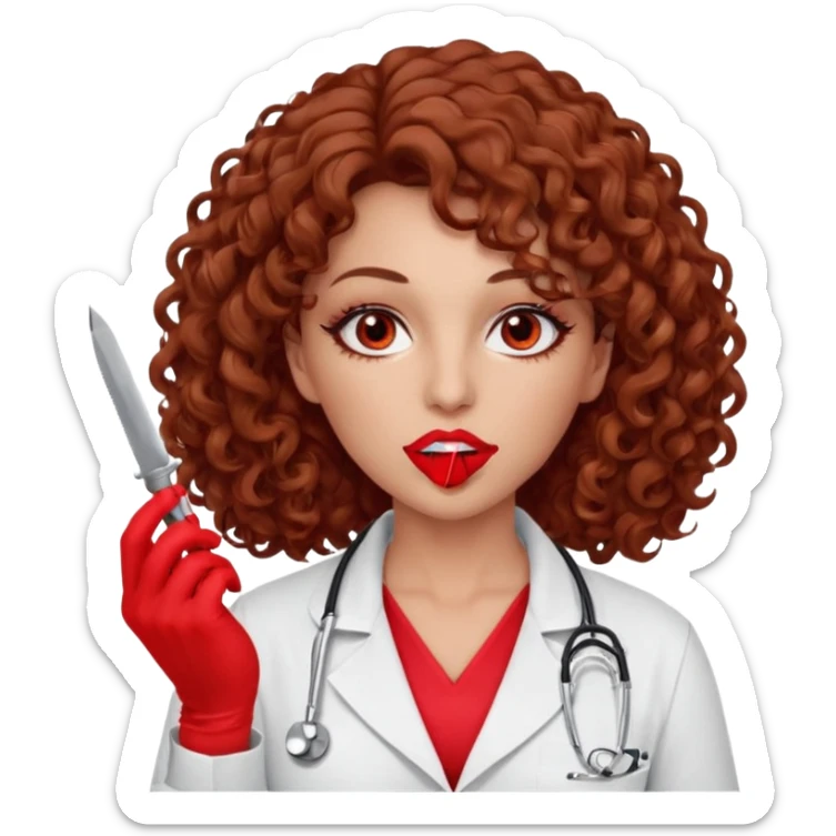 Lilith scalpel in hand, evil surgeon sexy surgeon clothes.  She has red eyes.  Hair is long. Hair is brown and curly hair. Wears sexy doctor outfit with red gloves. Covers mouth neck and nose with red litham for Muslim woman sticker