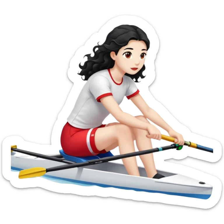 girl with long black wavy hair, white skin, wearing red shorts and white short-sleeve t-shirt, sitting in a long and thin racing boat suitable for Olympic rowing, rowing, boat and girl facing right in profile sticker