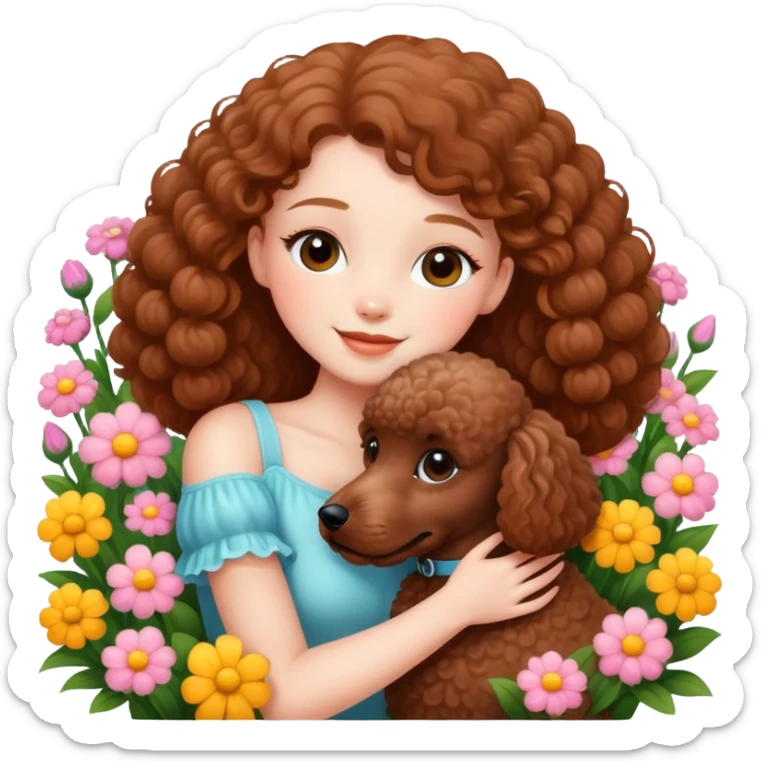 A beautiful girl happily hugs a brown poodle in the flowers sticker