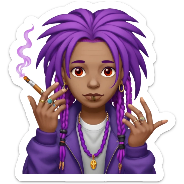 A purple weed smoking emoji with purple dreads, red eyes, hands full of rings, and wearing airforce1 shoes  sticker