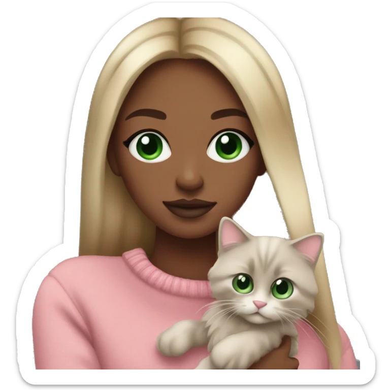 Dark blond girl, Green eyes, brown skin, long lashes, big rosé lips, pink sweater, holding ragdoll grey in arms sticker