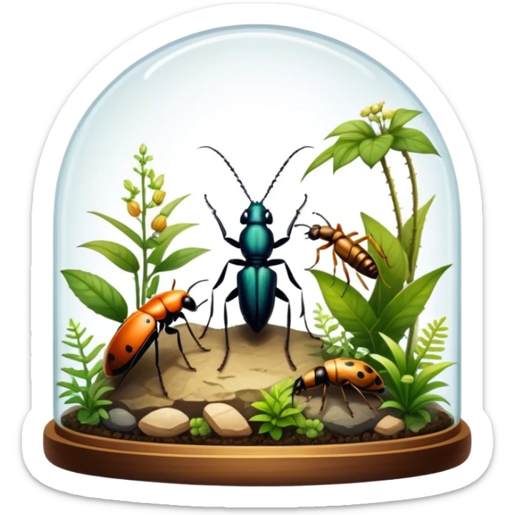 Close-up of home insects showcasing beetles, praying mantises and other exotic species in vivid detail, with natural textures of the terrarium. Soft lighting highlights their features. Transparent background. sticker