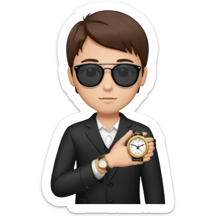 Un niño con pelo lacio color castaño,con lentes de sol negros y un reloj en la mano sticker