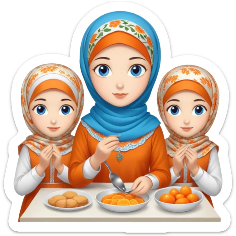Four sister Turkish girls beautiful finish Konya blue eyes with orange floral hijab and Islamic dress and make Breakfast sticker