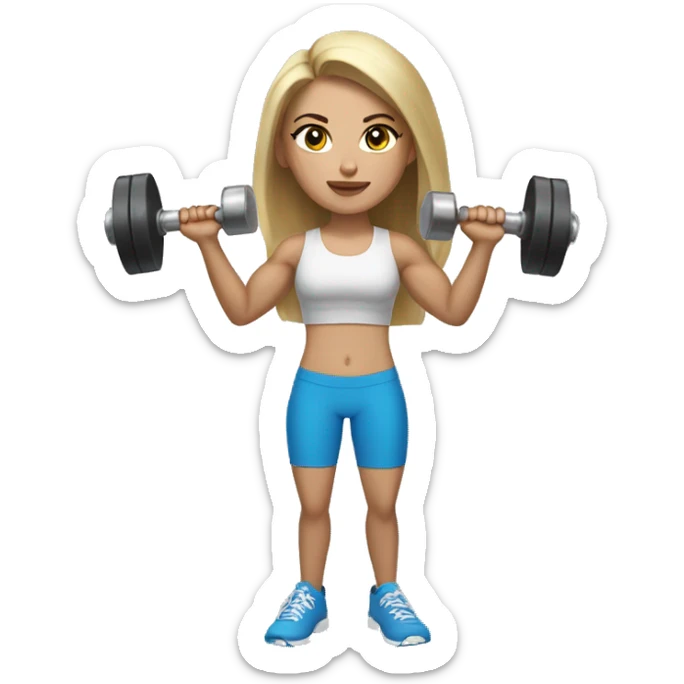 brunette girl with blonde highlights and light skin and blue eyes holding a dumbbell while having big arms  sticker