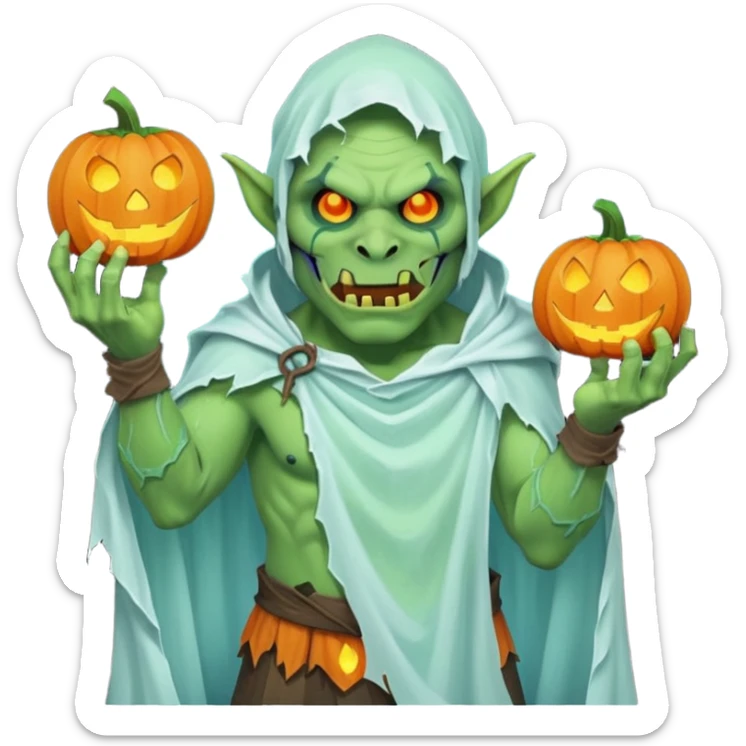 male orc ghost emoji, green skin, tusks, wearing torn white ghost sheet costume, holding glowing jack-o'-lantern, faint blue aura, friendly but spooky expression, Halloween fantasy theme, Apple emoji style, clean white background, square sticker
