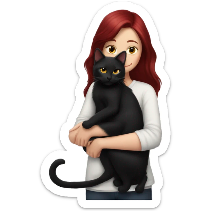 realistic girl with burgundy hair hugs a black cat sticker