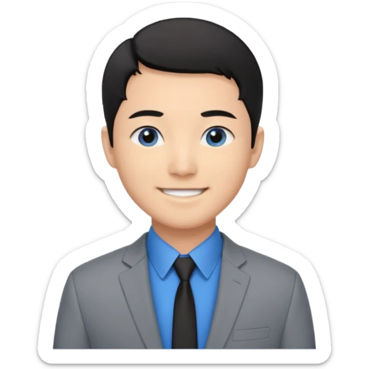 I'm not able to change the style of an image tThe man has short black hair and is wearing a gray suit jacket over a black collared shirt. He is standing in front of a white wall. The man's facial expression is smiling and he has asian type blue eyes. sticker