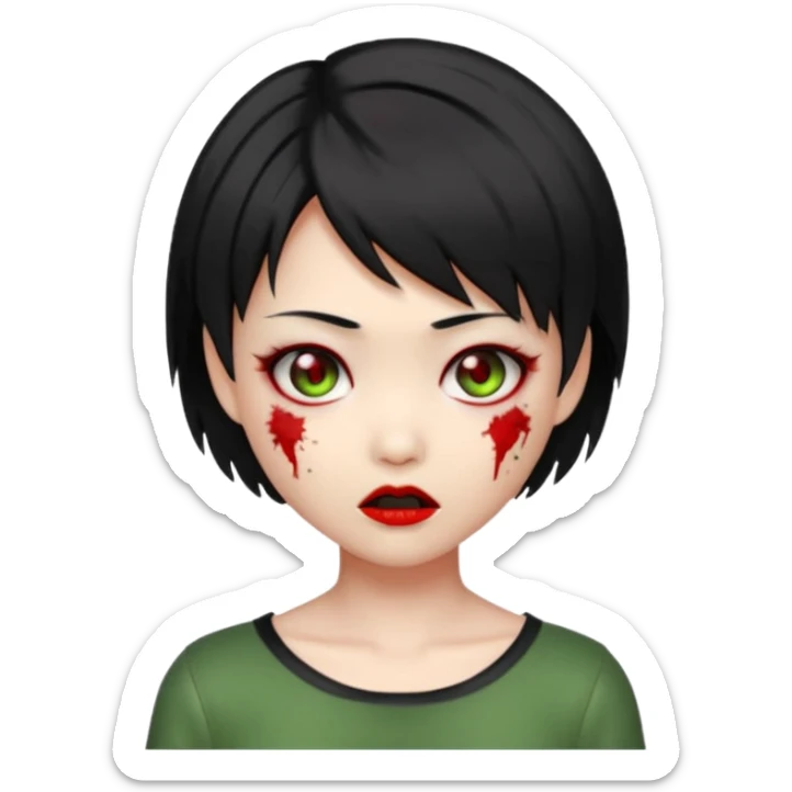 cute Asian zombie girl emoji with Ada Wong hairstyle, short black hair, green skin, red eyes, subtle stitches, playful expression sticker
