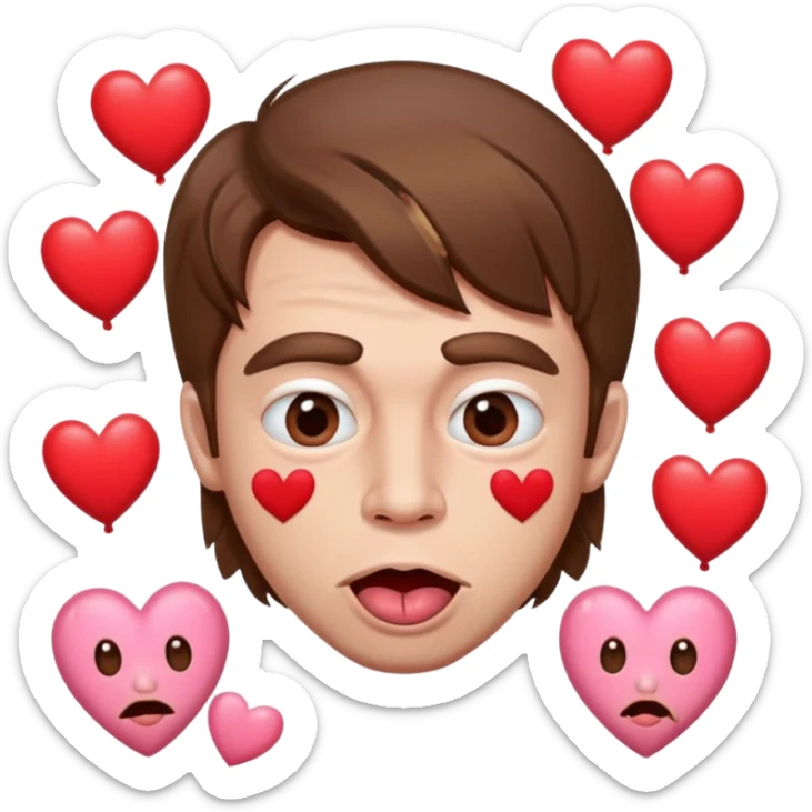 A cross eyed man with brown hair goon face their tongue out far with Valentine’s Day decor/hearts around eyes facing different directions sticker