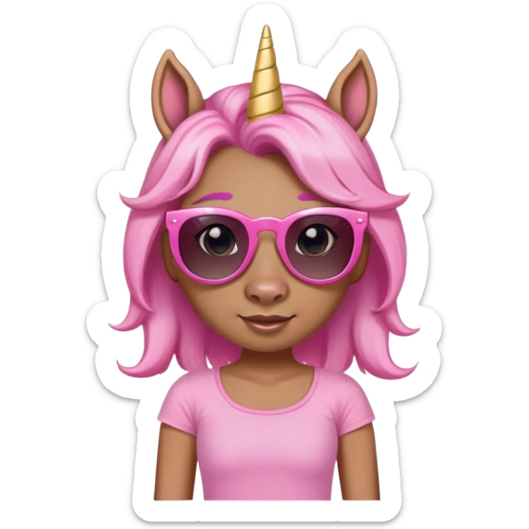 friendly anthropomorphised female unicorn in tutu and pink t-shirt, wearing dark sunglasses, standard pose, head and shoulders portrait sticker