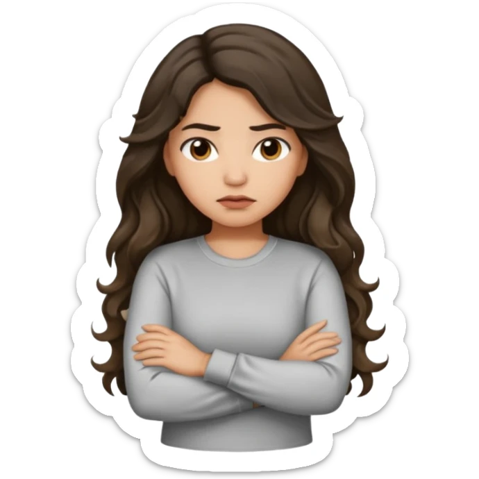 Hispanic light tan girl with long dark wavy hair pouting and arms crossed. Wearing a long sleeve. Hair with middle part. sticker