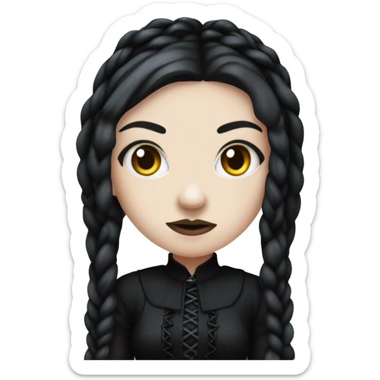 An emoji of a girl with long black braids, pale skin, and a serious expression. She wears a dark, gothic-style dress and has a mysterious, intense vibe, inspired by a classic gothic look sticker