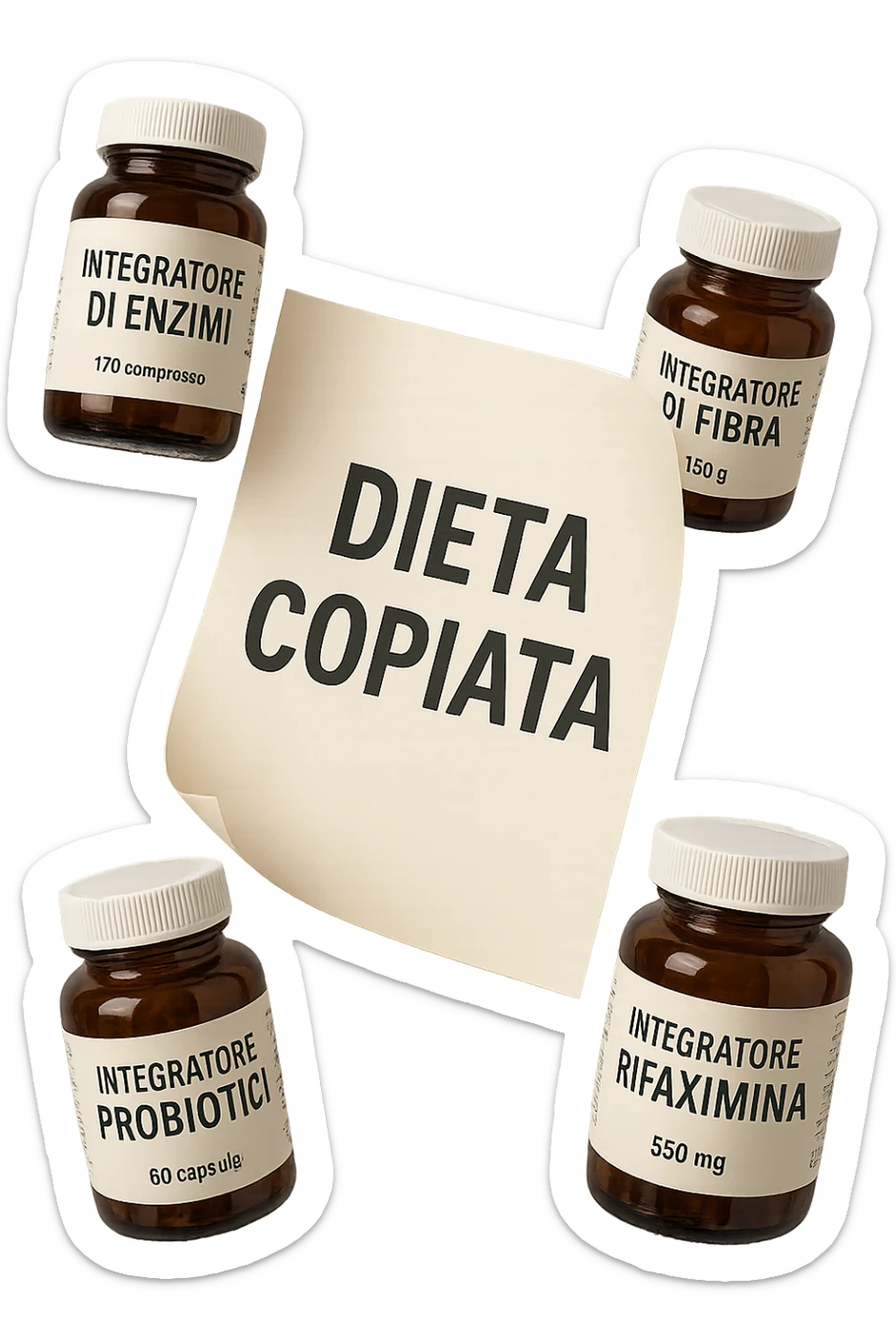 FOGLIO DI CARTA FLUTTUA IN ARIA CON LA SCRITTA "DIETA COPIATA", INSIEME A BARATTOLI DI INTEGRATORI PER CURARE IL SIBO IN ITALIANO, IPERREALISTICO 4K, NON DISEGNATO sticker