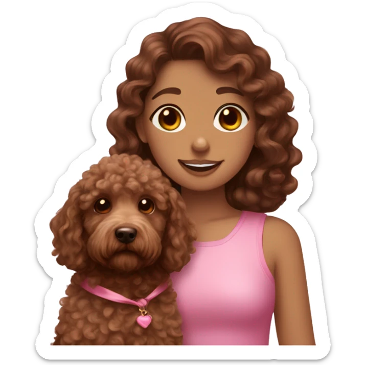 aesthetic pink girl with curly brown hair, a bow in her hair & a cute brown labradoodle  sticker