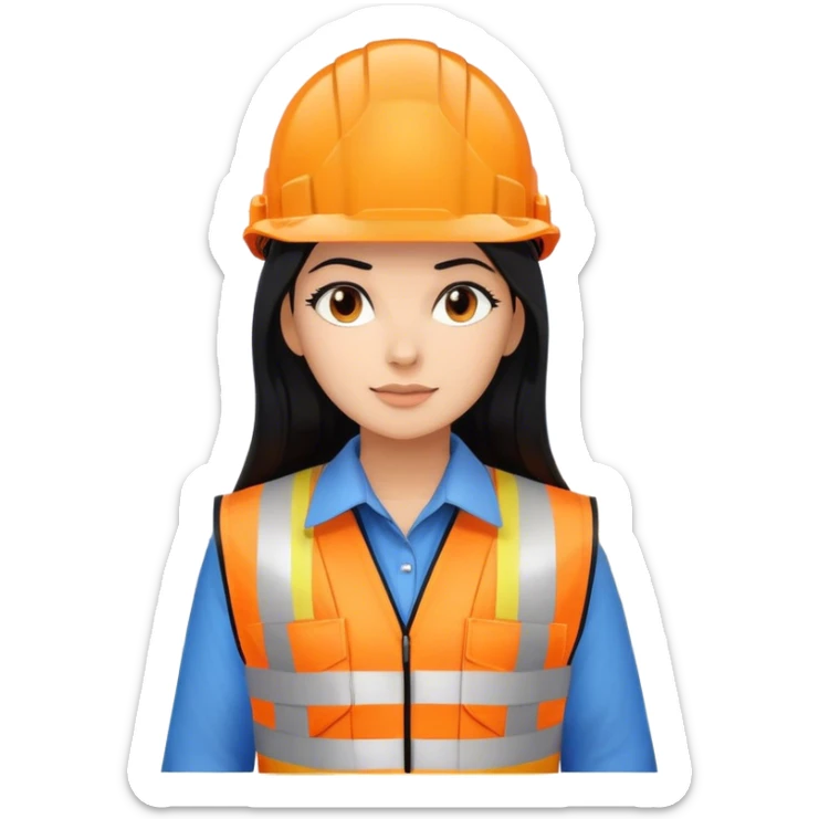 Female civil engineer with long black hair and white helmet wearing blue shirt and an orange safety vest looking at construction plan  sticker
