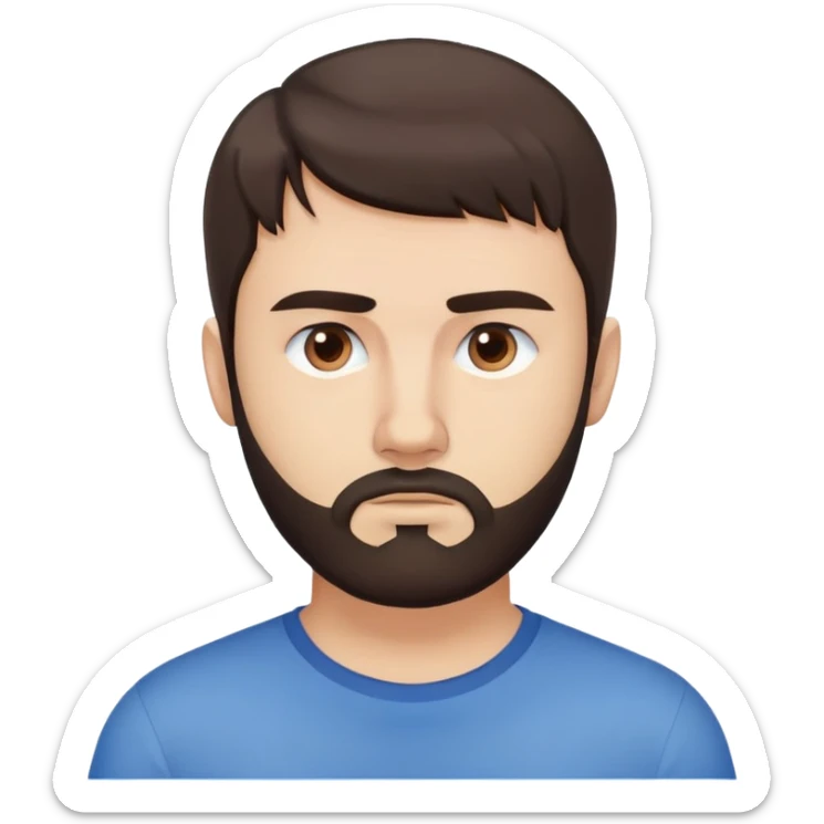 Caucasian man with straight dark brown hair styled loose with fringe, short full beard, neutral serious expression, simple blue shirt sticker